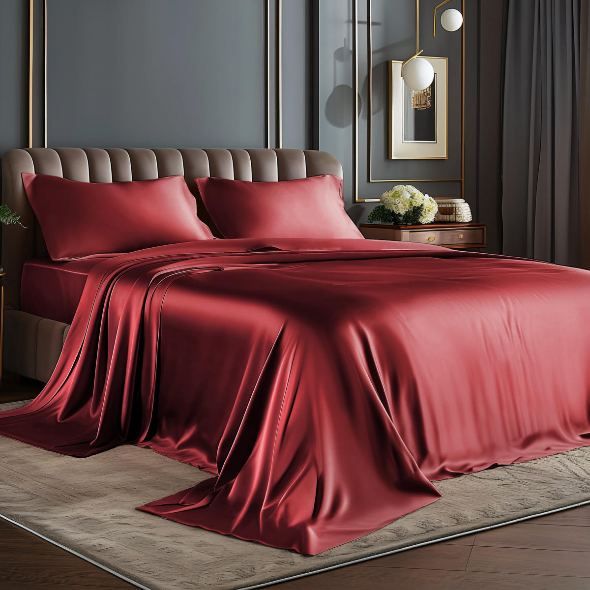 BEDELITE burgundy satin fabric close-up showing silky sheen and premium softness.