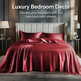 BEDELITE satin sheets burgundy full set neatly arranged on bed for décor.