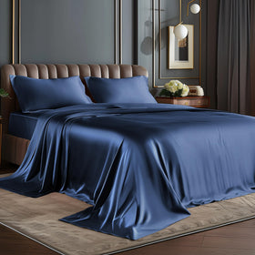 BEDELITE satin sheets in navy color showcasing silky softness for a restful night.