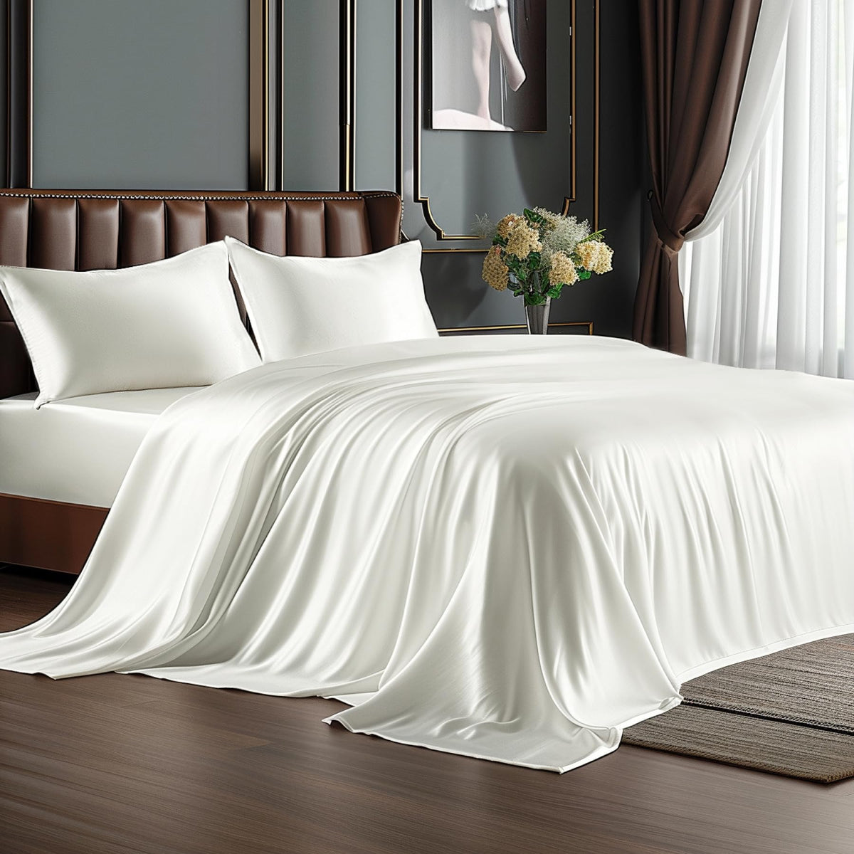 BEDELITE satin queen deep-pocket fitted sheet in ivory for silky sleep and hair-friendly nights