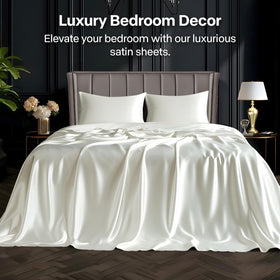 BEDELITE satin queen flat sheet in ivory showcasing luxurious drape and skin-friendly comfort