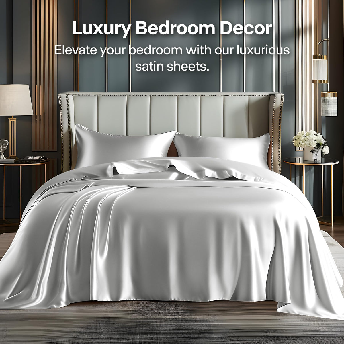 BEDELITE satin sheets queen flat sheet shown, silky finish enhances comfort all night