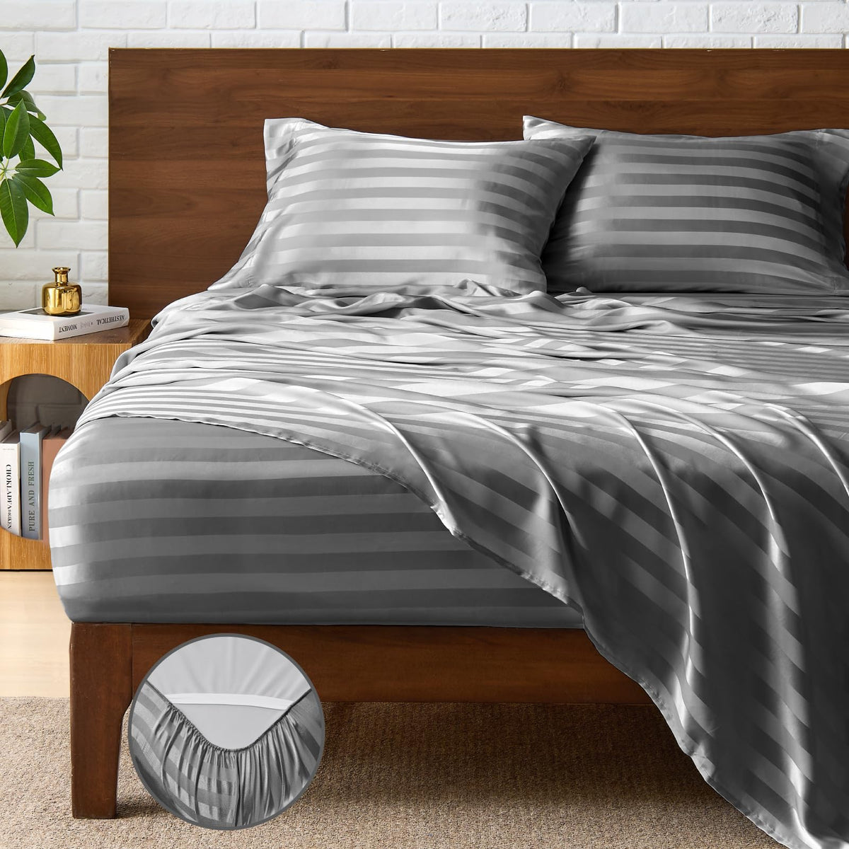 BEDELITE satin sheets queen, striped dark grey weave add refined texture and silky comfort