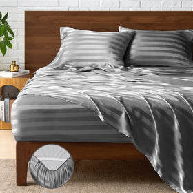 BEDELITE satin sheets queen, striped dark grey weave add refined texture and silky comfort