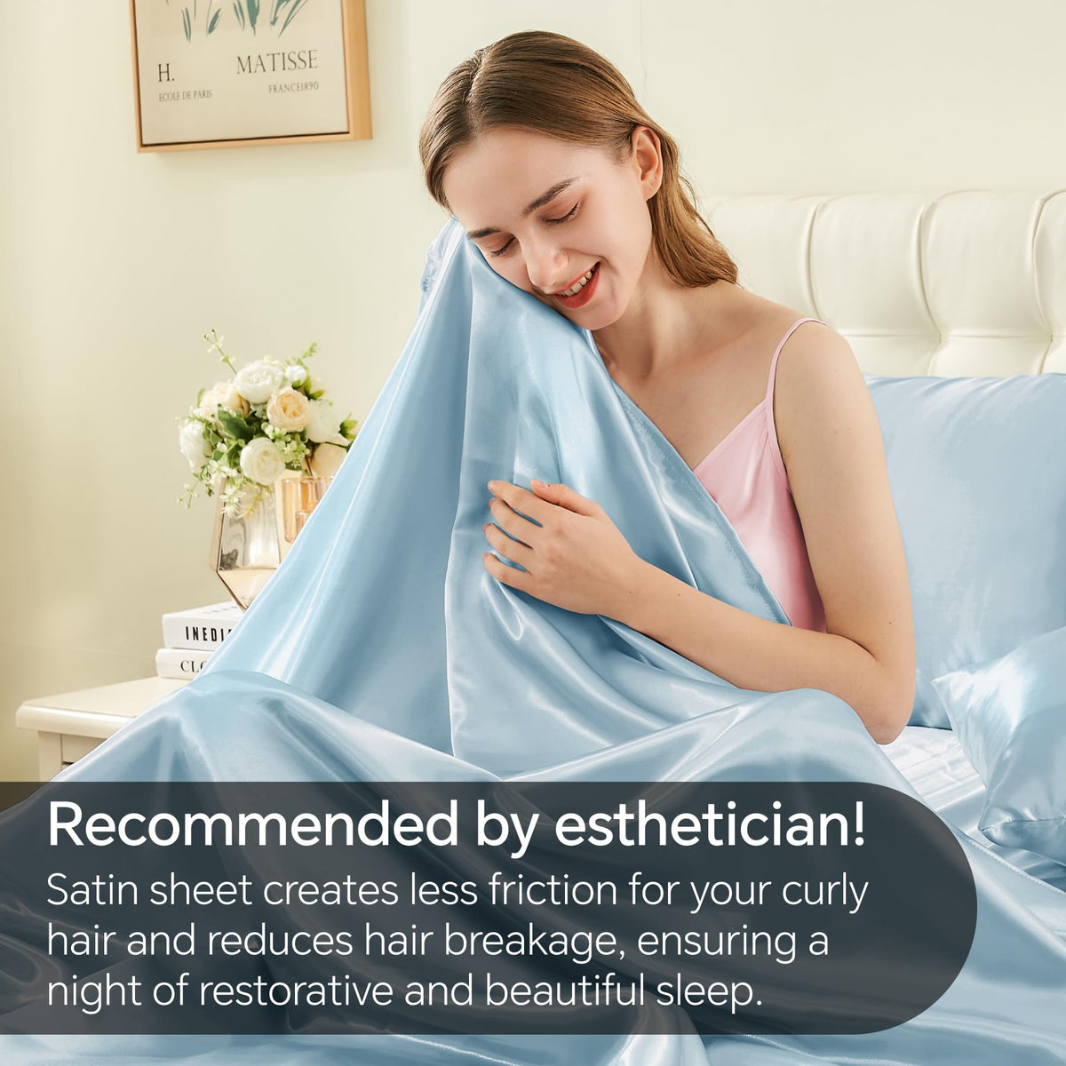 BEDELITE satin sheets in a calming sky blue shade for elegant bedroom decor