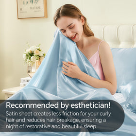 BEDELITE satin sheets in a calming sky blue shade for elegant bedroom decor