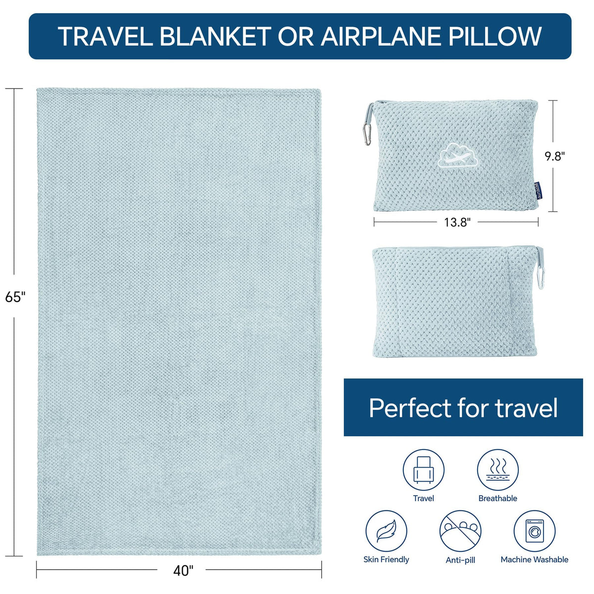 BEDELITE blue travel blanket displayed as a compact, breathable cover.