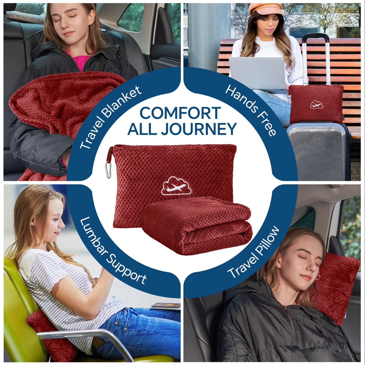 BEDELITE burgundy travel blanket provides 65x40 inch coverage for travel seating.