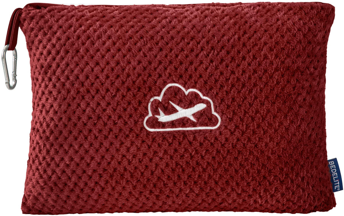 BEDELITE burgundy travel blanket with luggage sleeve for hands-free travel comfort.
