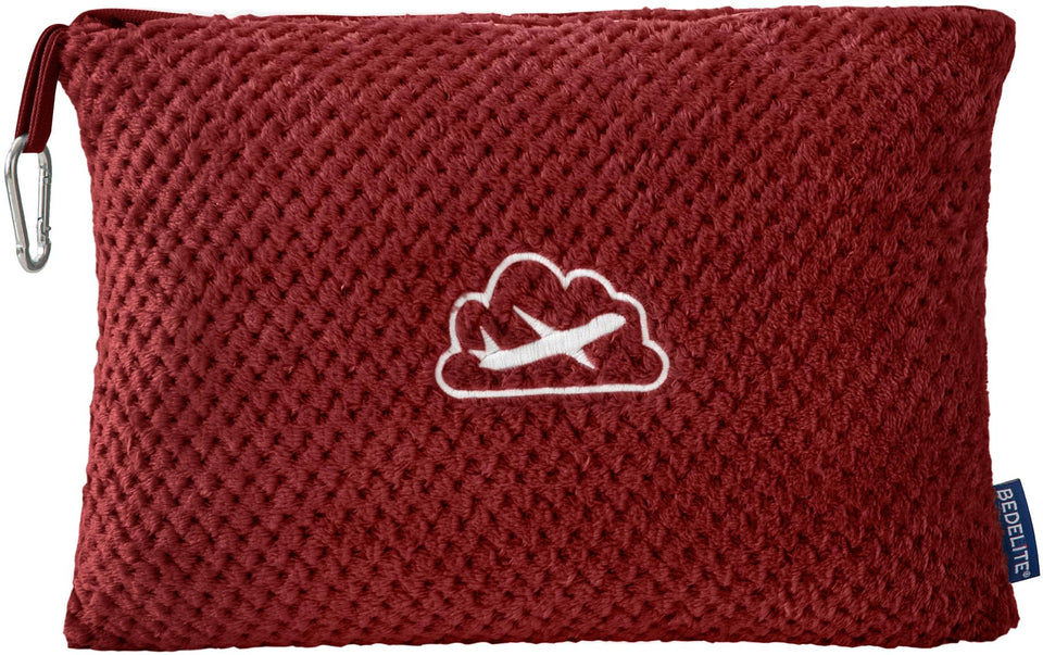 BEDELITE burgundy travel blanket with luggage sleeve for hands-free travel comfort.