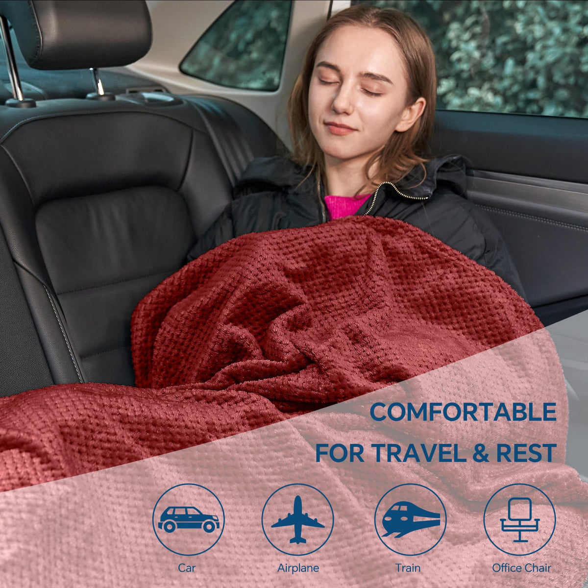 BEDELITE travel blanket stored in the included bag for tidy packing.