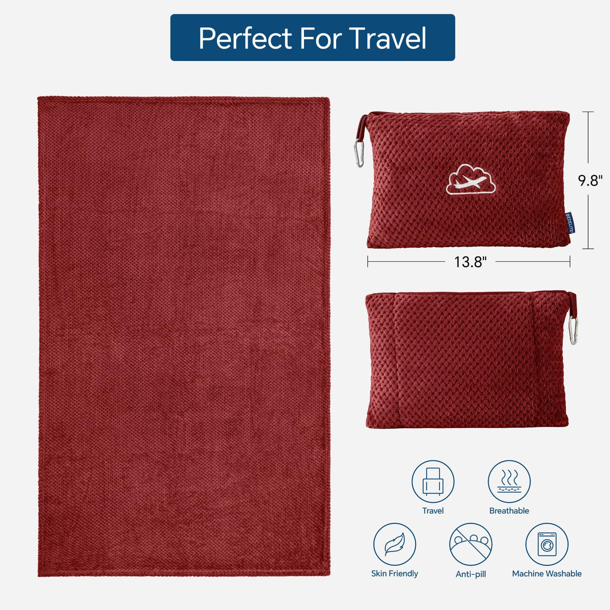 BEDELITE burgundy travel blanket shown with ultra-soft fleece feel.