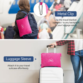 BEDELITE travel blanket folded to resemble a pillow for comfort.