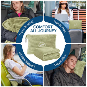 Folded BEDELITE blanket doubles as an improvised travel pillow.