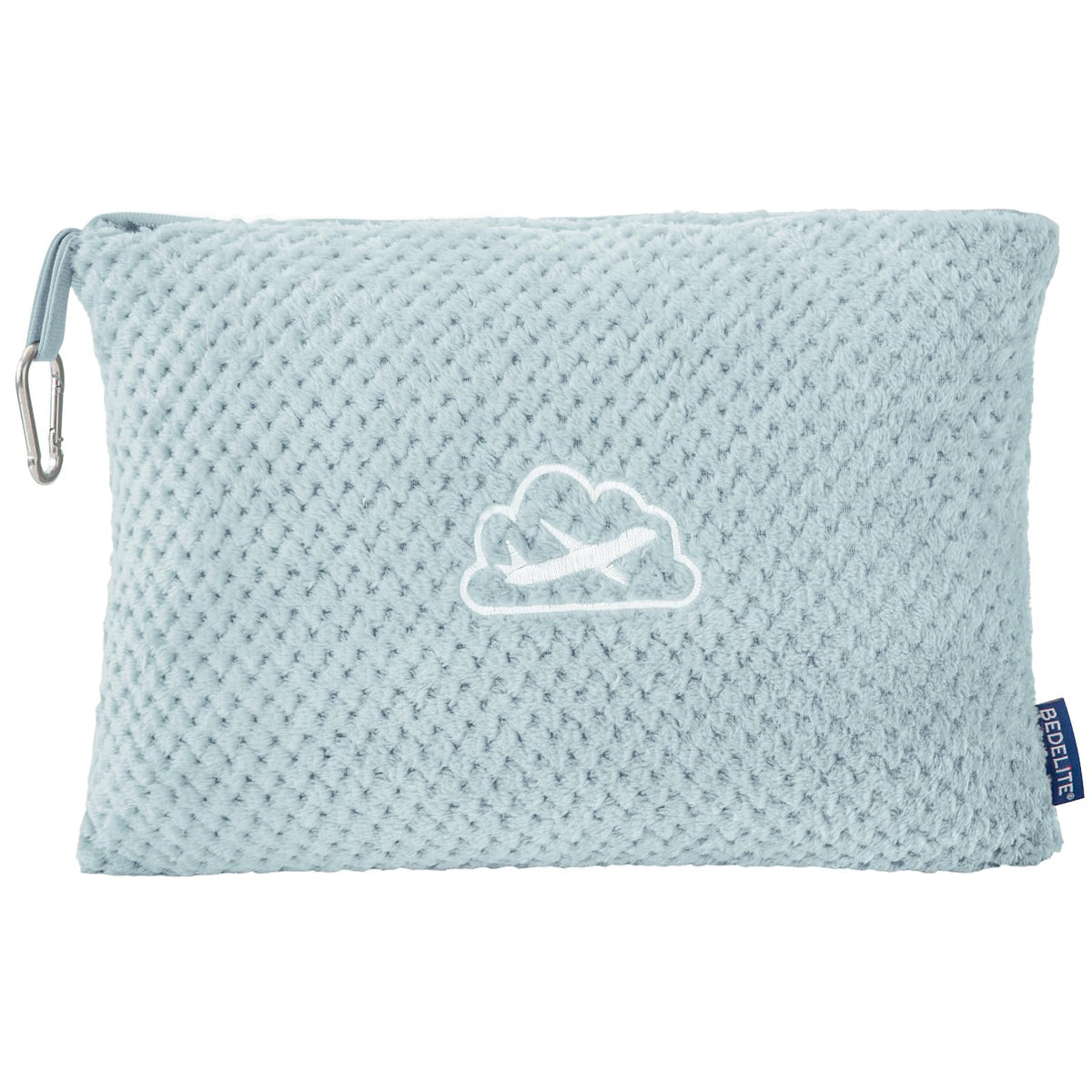 BEDELITE travel blanket with luggage sleeve attached to a suitcase for hands-free travel.