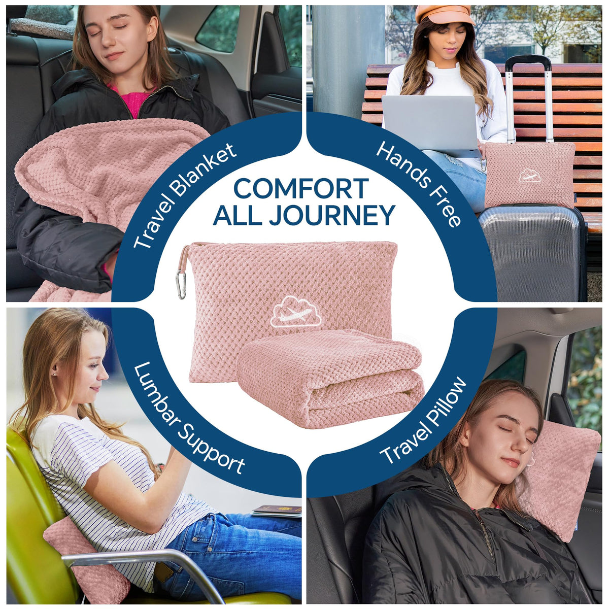 BEDELITE blanket attached to backpack clip for easy on-the-go warmth.