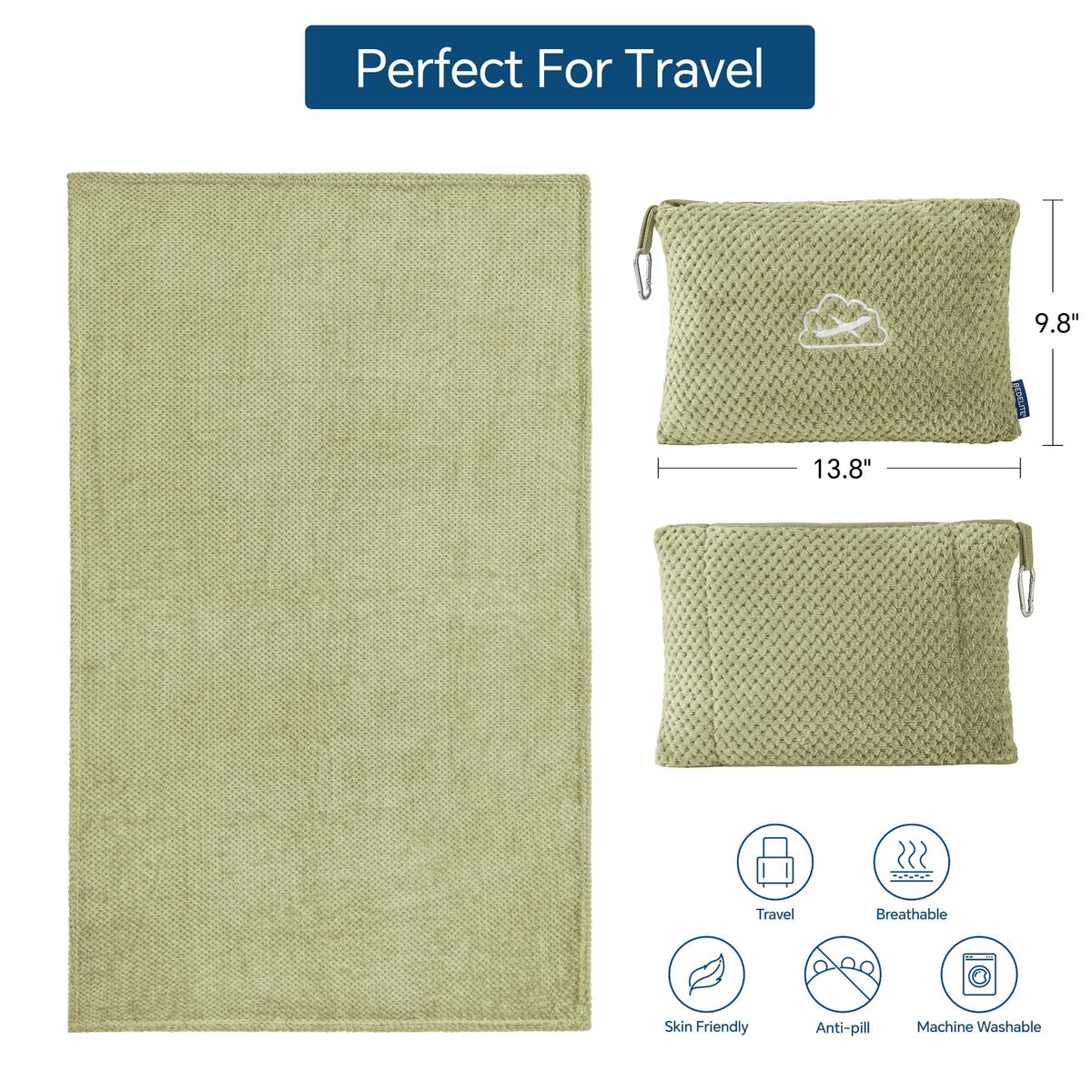 BEDELITE sage green jacquard travel blanket with luxurious texture.