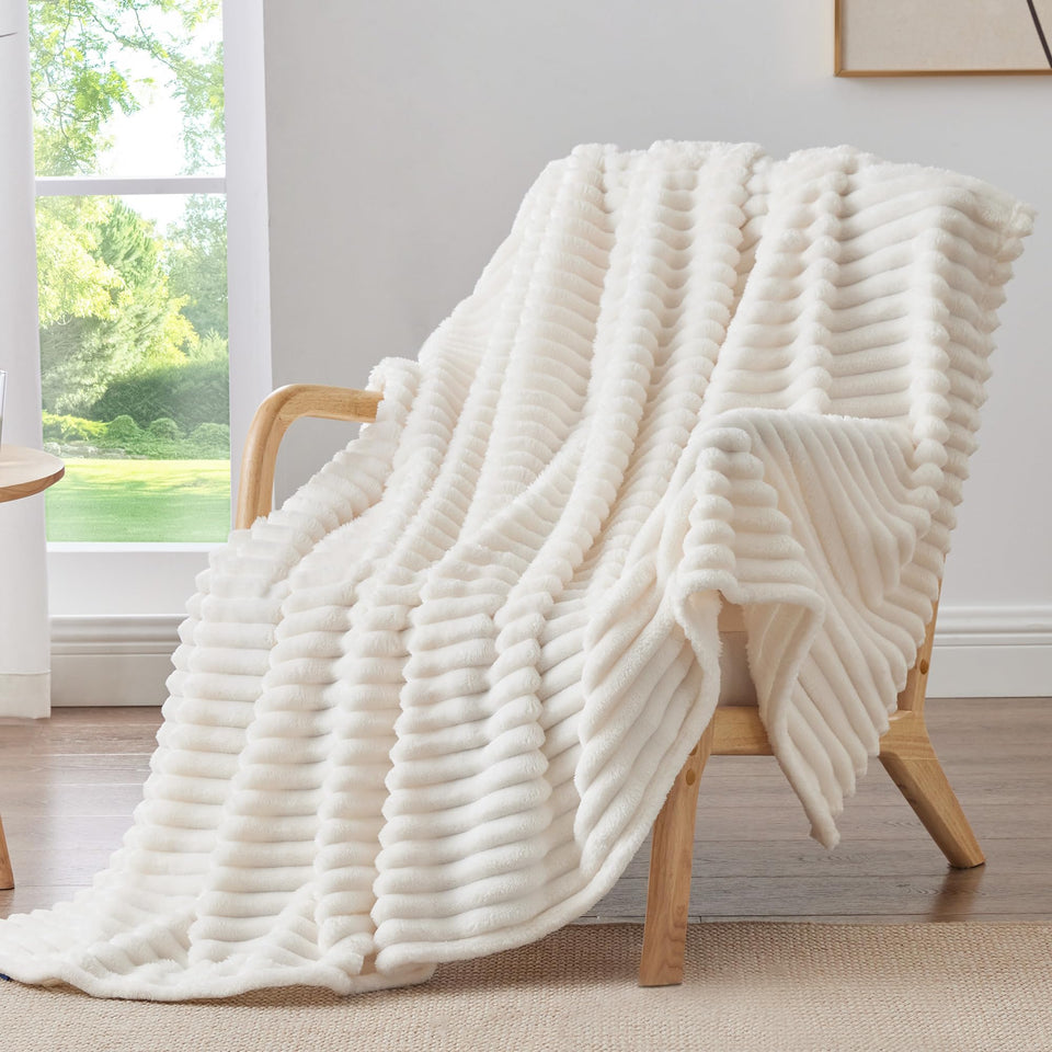 BEDELITE Twin Blanket striped cream white texture on couch for cozy warmth