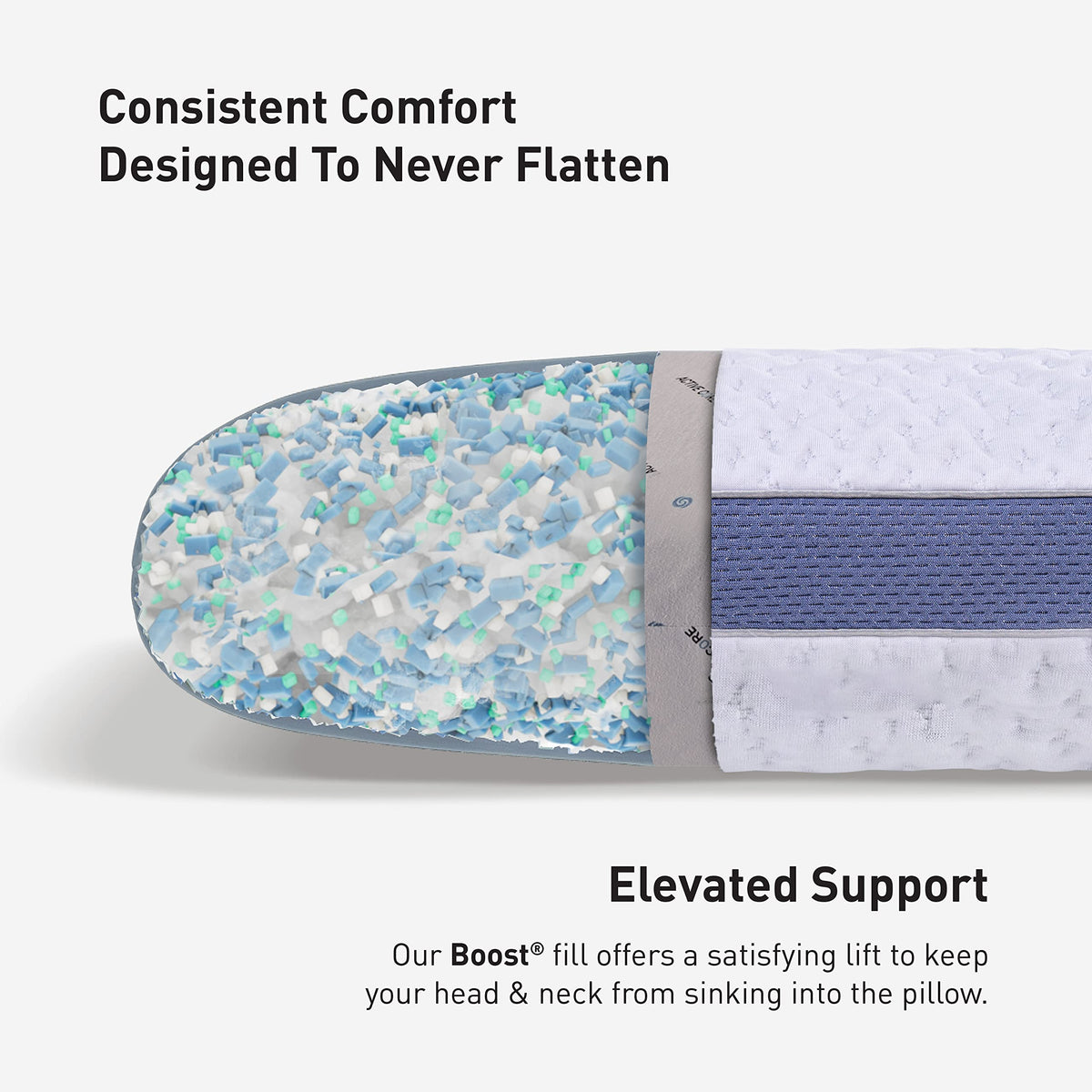 Display of four Bedgear Balance 2.0 pillow sizes for personalized fit.