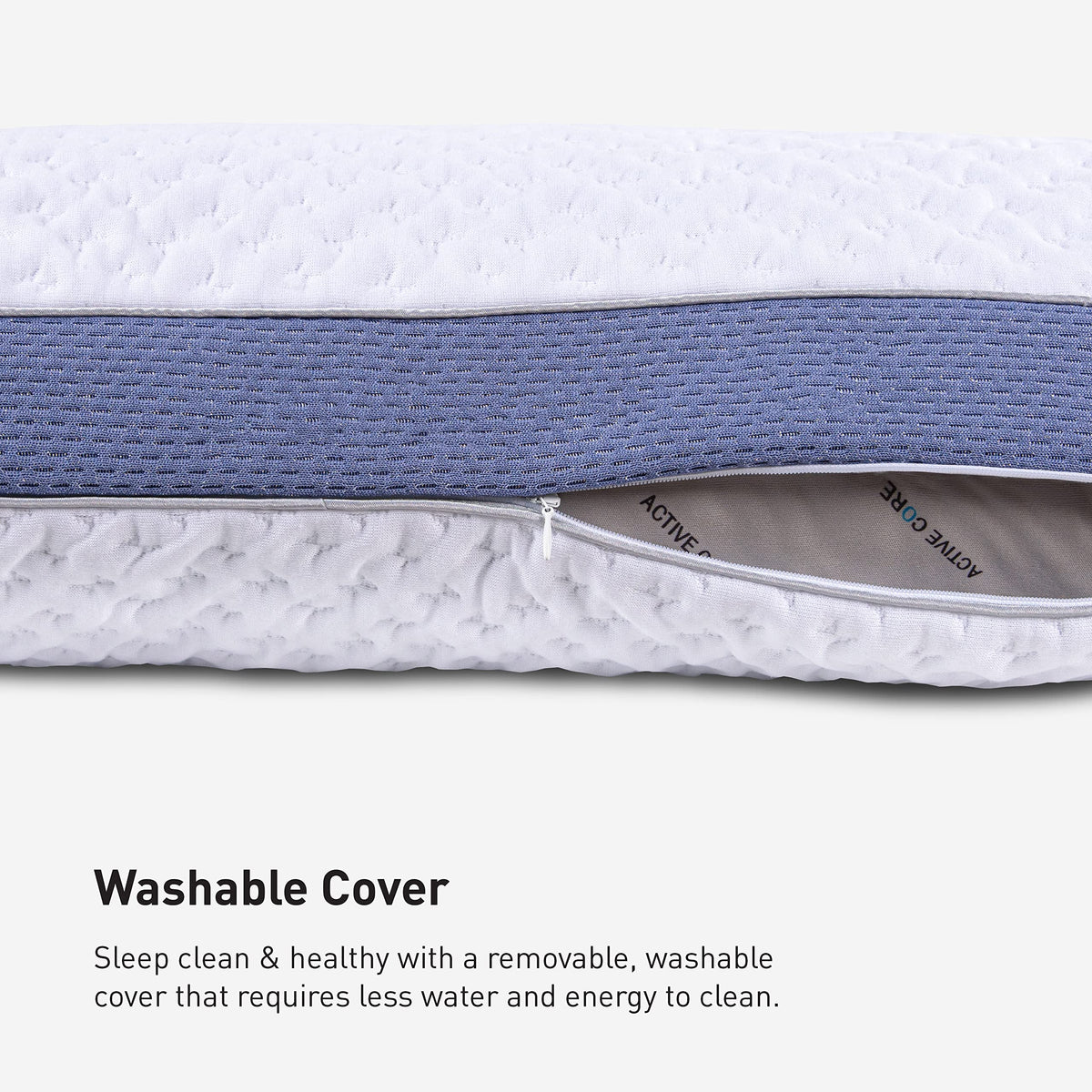 Pillow with machine-washable cover shown for simple maintenance.