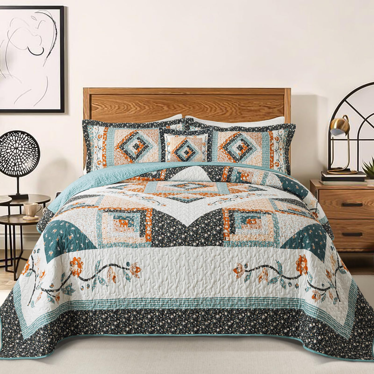 Bedifany garden floral king quilt with vibrant petals for cozy bedroom decor.