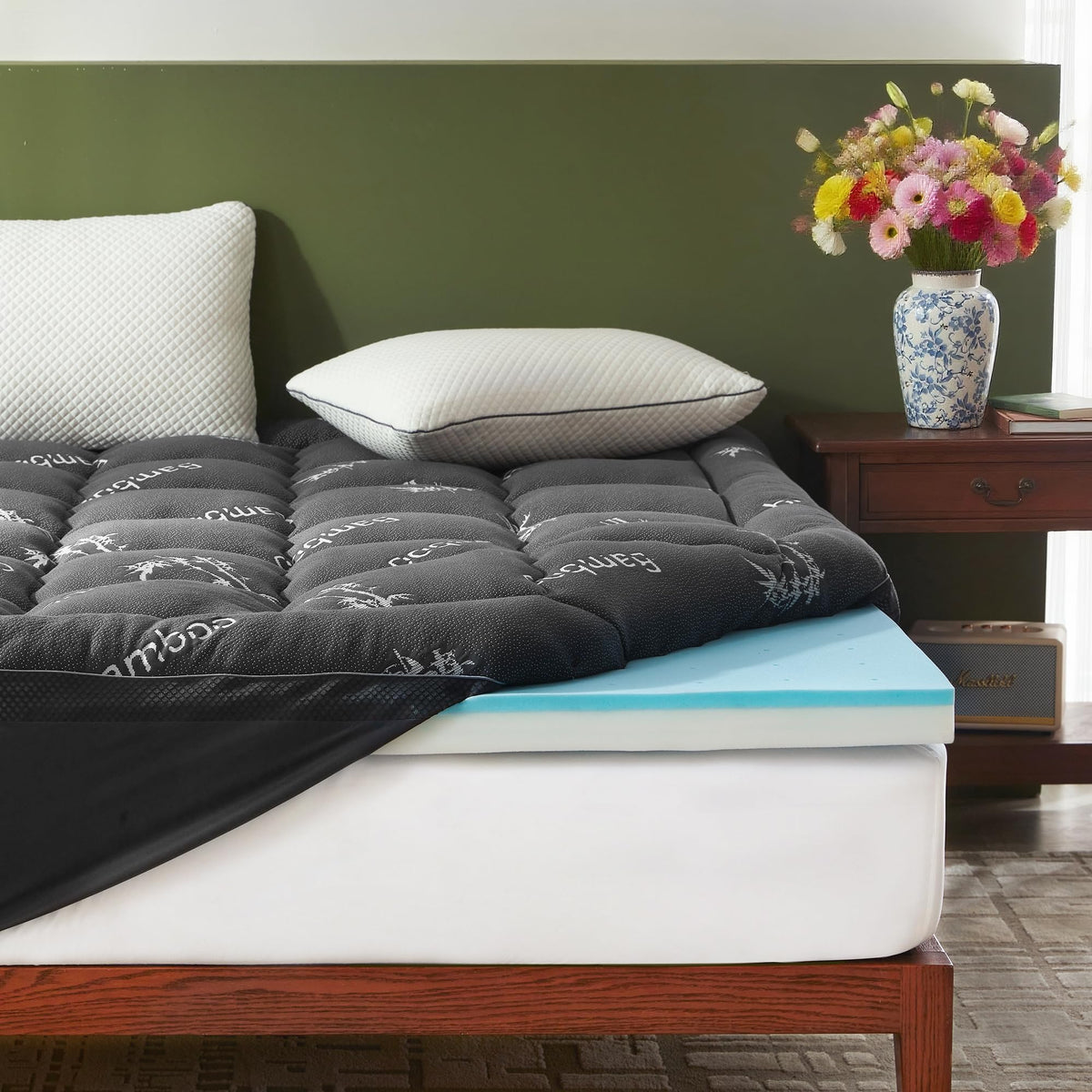 BEDLORE dual-layer topper with 2-inch gel memory foam and 2-inch plush pillow top.