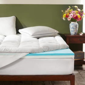 BEDLORE 4-inch memory foam topper on queen bed for cooler, cushioned sleep.