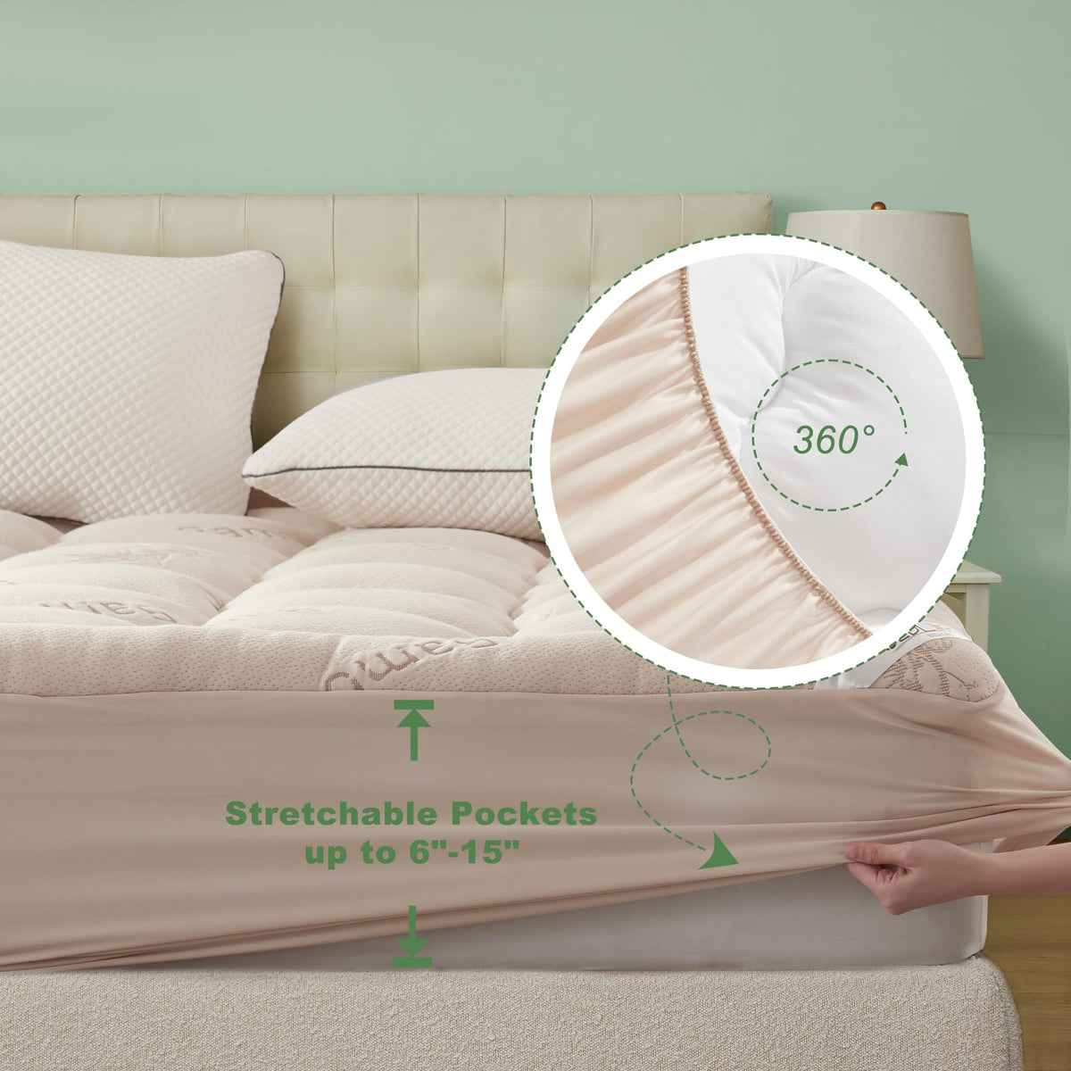 BEDLORE beige full-size topper blends with most bedding styles.