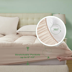 BEDLORE beige full-size topper blends with most bedding styles.