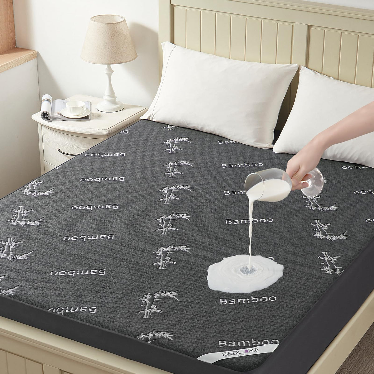 BEDLORE full-size waterproof mattress protector provides dry protection from spills