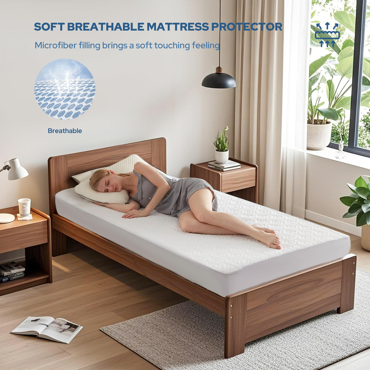BEDLORE mattress protector TPU waterproof layer illustration shows barrier against spills and sweat, protecting your mattress.