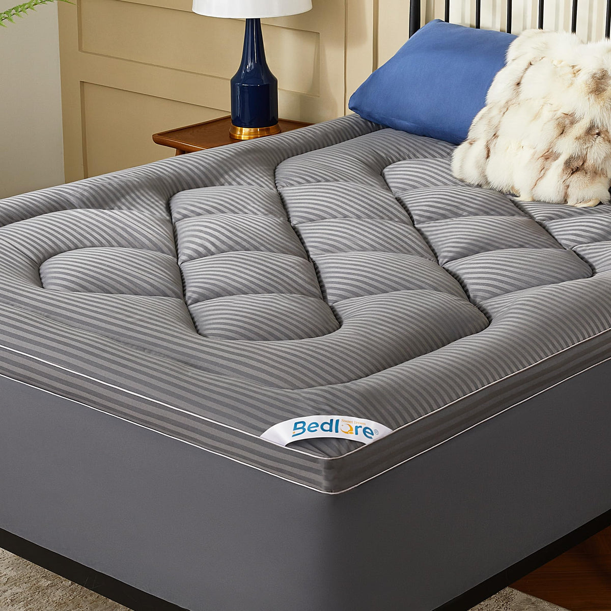 BEDLORE Queen Mattress Topper close-up of thick pillow top for plush comfort