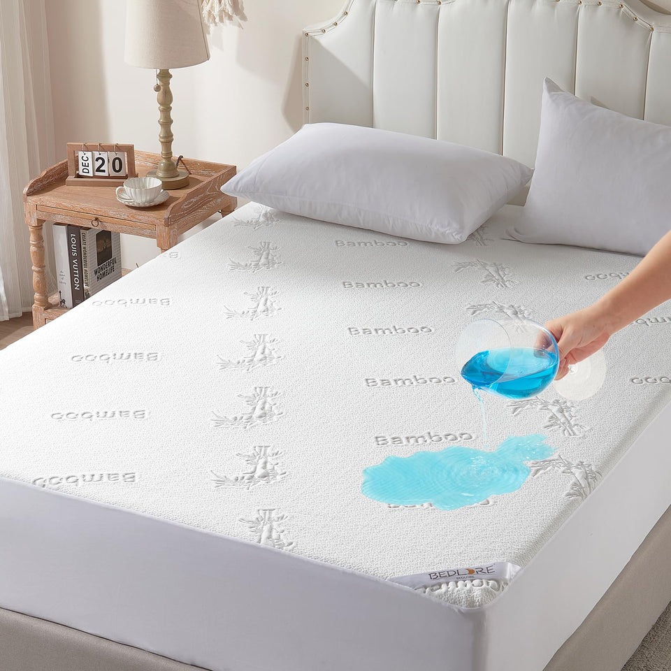 BEDLORE queen-size waterproof mattress protector shields against spills while remaining breathable.