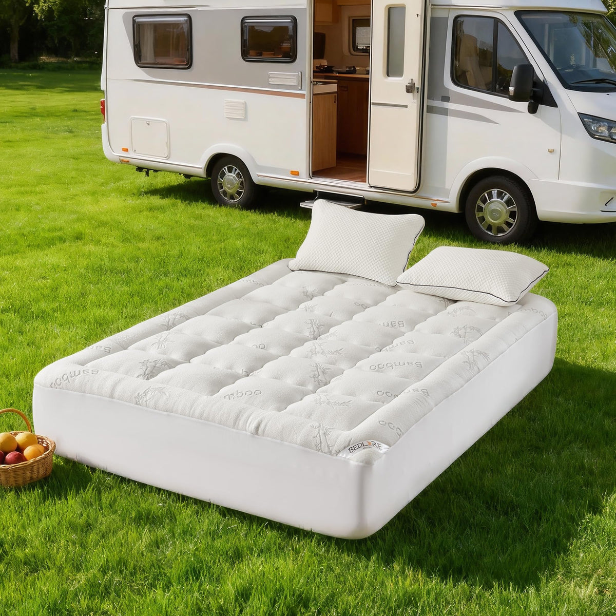 BEDLORE RV Queen Topper on bed with elastic skirt for secure placement