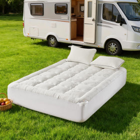 BEDLORE RV Queen Topper on bed with elastic skirt for secure placement