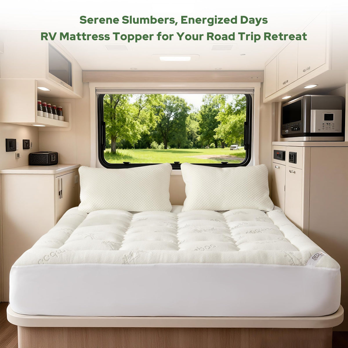 BEDLORE RV Queen Topper stretch pocket detail highlights secure fit