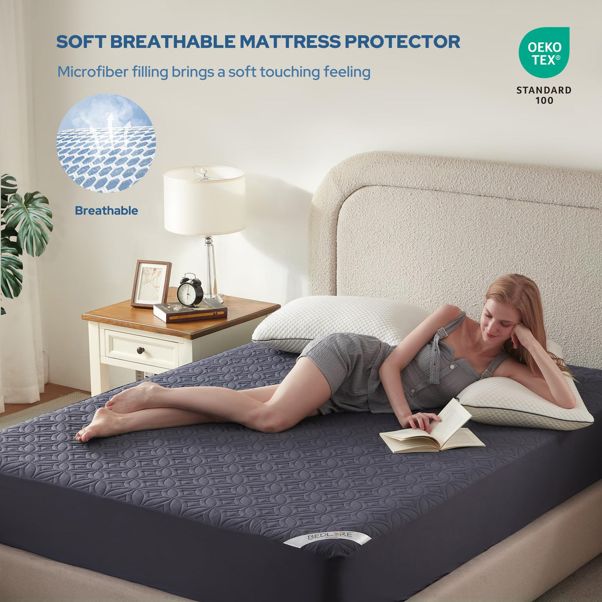 Bedlore quilted top and soft fabric for noiseless sleep.