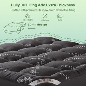 BEDLORE elasticized skirt prevents topper from shifting