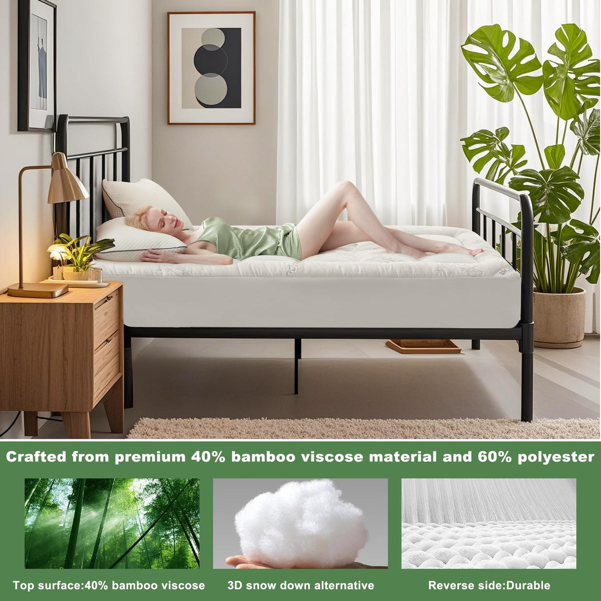 Bamboo viscose fabric in BEDLORE topper provides breathable, cool comfort.