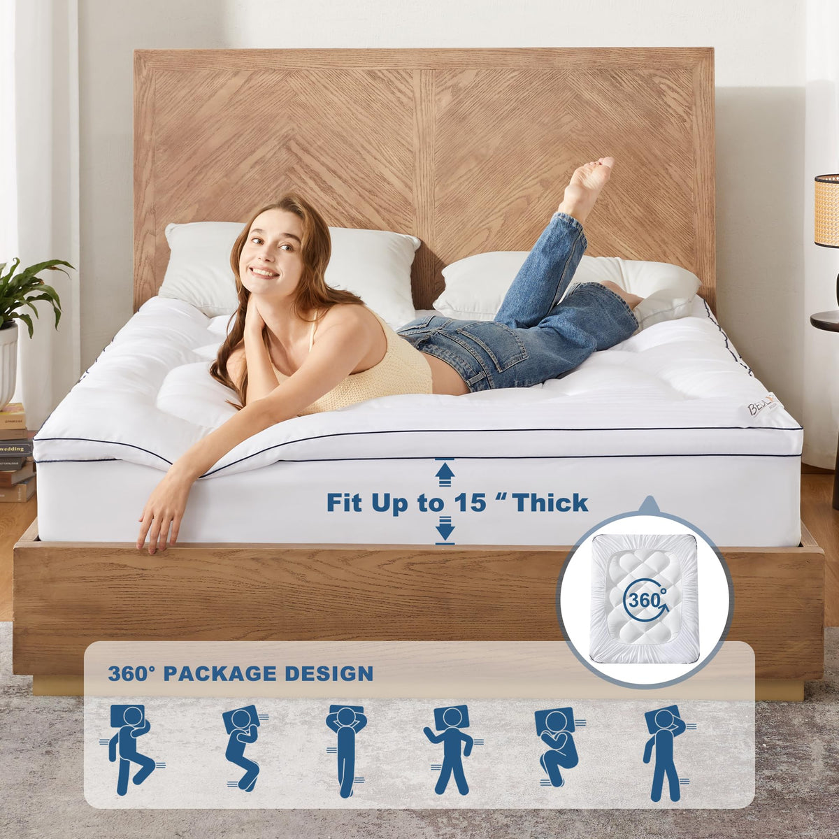 BEDLORE vacuum-pack opening reveals a thin topper that regains fullness.