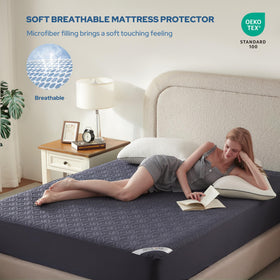 Bedlore deep-pocket fit demonstrates secure hold on navy queen mattress.