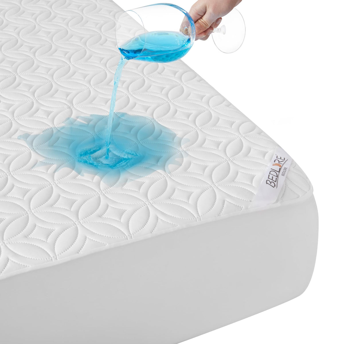 BEDLORE waterproof mattress protector on an RV queen bed for reliable spill protection.