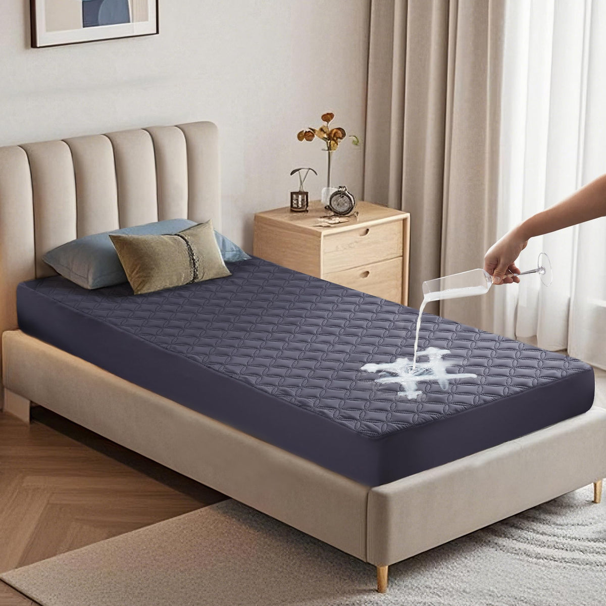BEDLORE waterproof twin mattress protector in navy with deep pocket guards against spills.