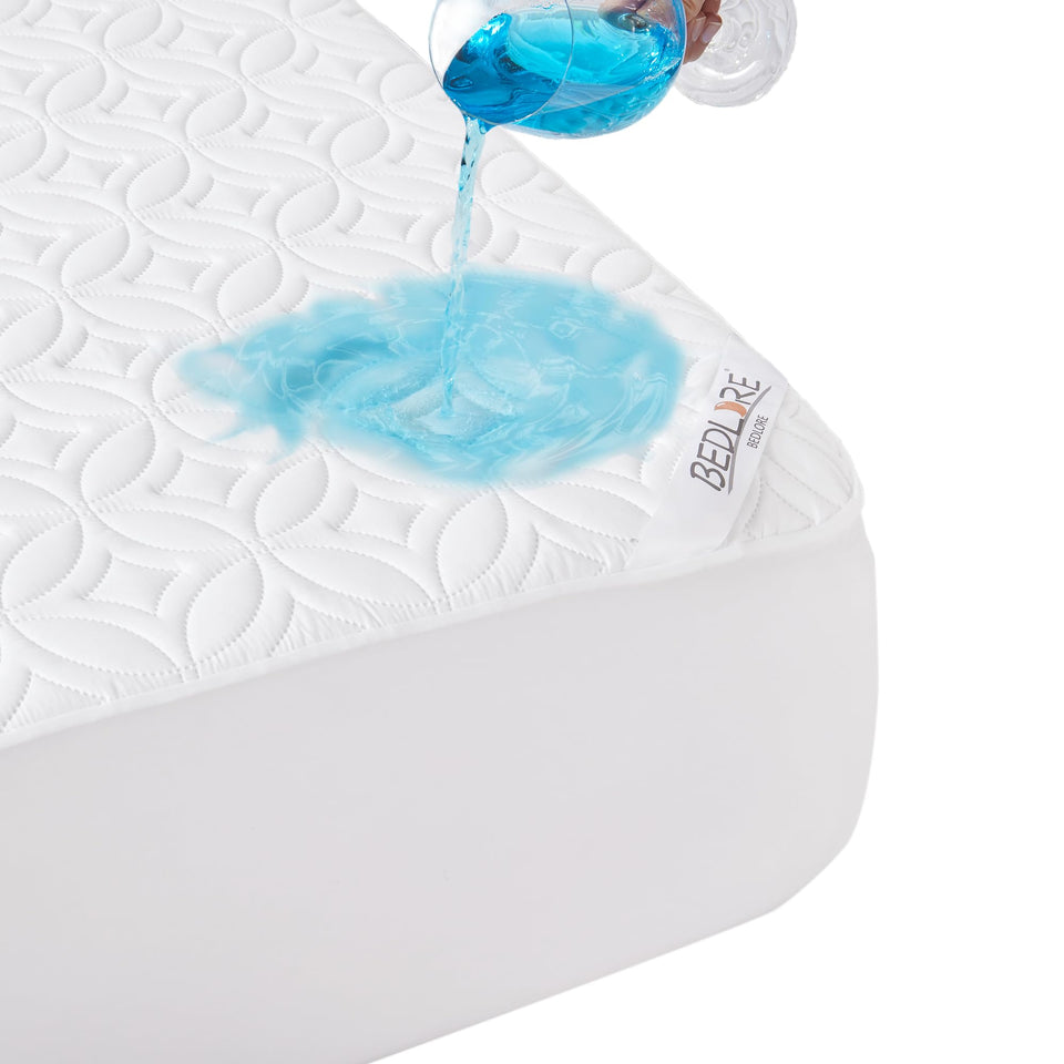 BEDLORE waterproof mattress protector shown for a dry, protected sleeping surface.
