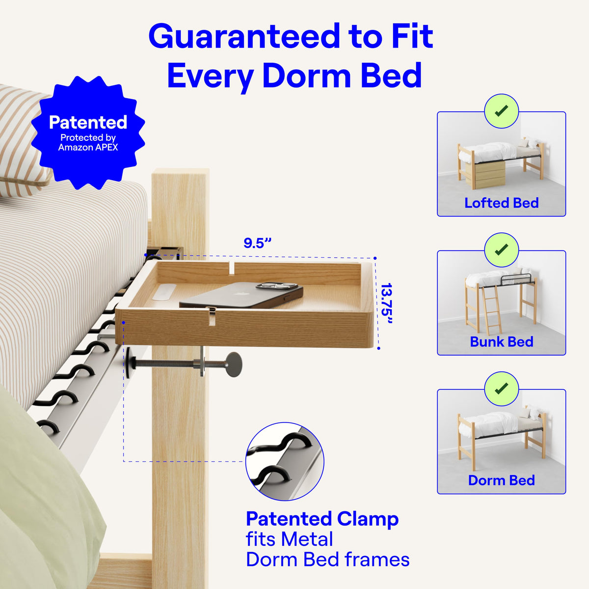 BedShelfie DormEssential wood shelf provides dorm room surface and storage