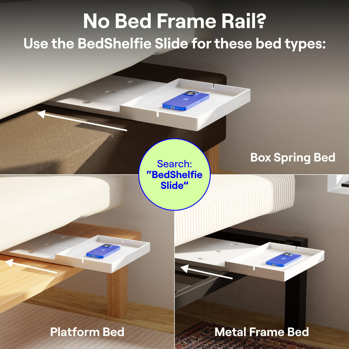BedShelfie Essential model with cup holder keeps drinks within reach.