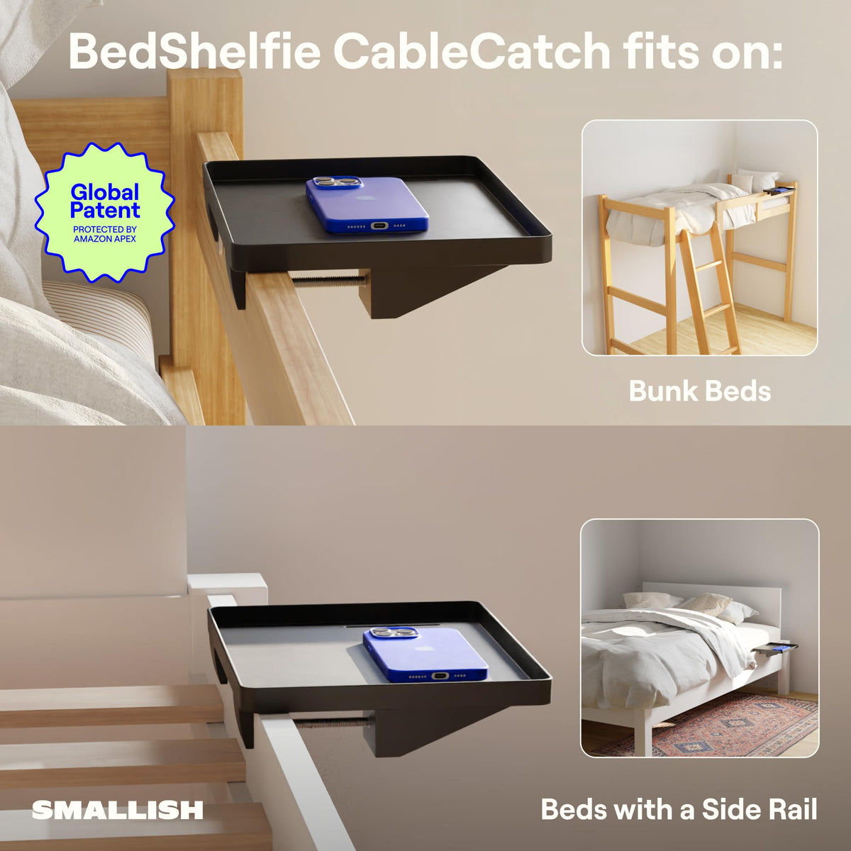 BedShelfie Minimalist model mounted on a dorm bed with clean styling.