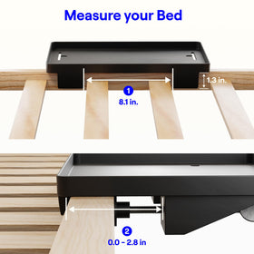 BedShelfie Original model on a dorm bed to maximize small-space storage.