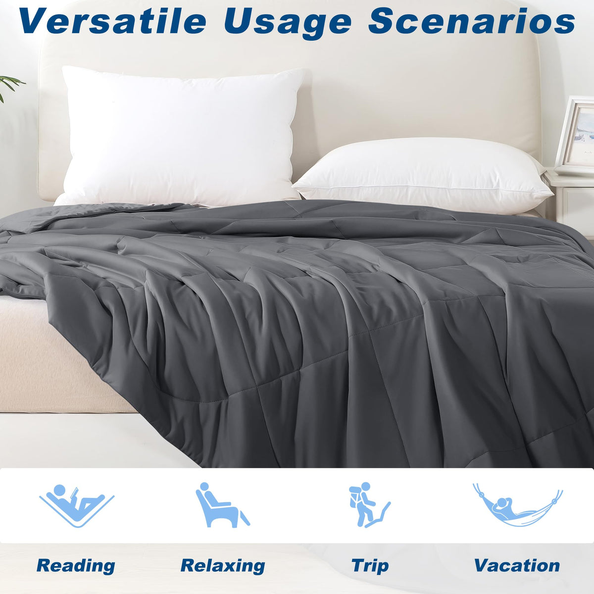 Bedsmile cooling comforter in bed use illustrating cool, lightweight comfort