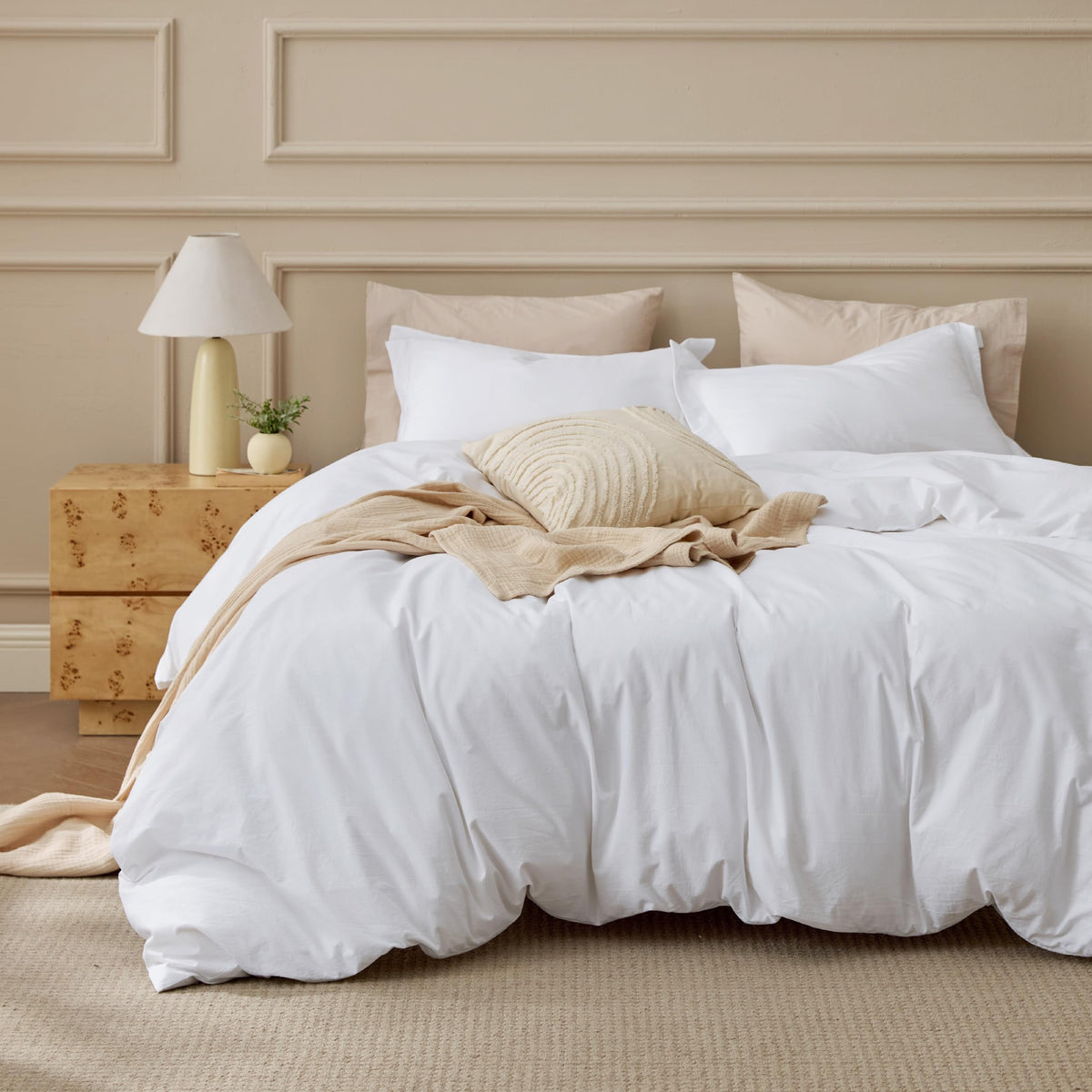 Bedsure 100% washed cotton duvet cover queen, front view showing minimalist design and brightness